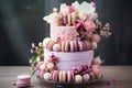 Exquisite Cake Decorated with Macarons and Fresh Flowers to Convey Luxury and Sophistication