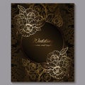 Exquisite chocolate royal luxury wedding invitation, gold floral background with frame and place for text, lacy foliage made of