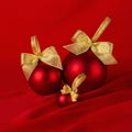 Exquisite christmas background - red balls with golden ribbon on deep red silk curtain with smooth waves, closeup, square. New.