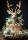 Exquisite Christmas cake, adorned with a lifelike fondant deer, roses and berries