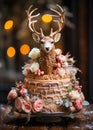 Exquisite Christmas cake, adorned with a lifelike fondant deer, roses and berries