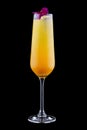 Exquisite cold cocktail with champagne and orange juice on a dark background