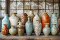 Exquisite Collection of Ceramic Vases in Various Textures and Colors on Wooden Shelf with Vintage Window Background