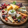 Exquisite combination: a delectable cheese platter with a selection of fruits. Royalty Free Stock Photo