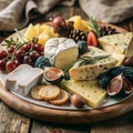 Exquisite combination: a delectable cheese platter with a selection of fruits. Royalty Free Stock Photo