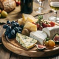 Exquisite combination: a delectable cheese platter with a selection of fruits. Royalty Free Stock Photo