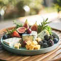 Exquisite combination: a delectable cheese platter with a selection of fruits. Royalty Free Stock Photo