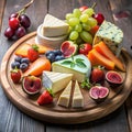 Exquisite combination: a delectable cheese platter with a selection of fruits. Royalty Free Stock Photo