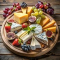 Exquisite combination: a delectable cheese platter with a selection of fruits. Royalty Free Stock Photo