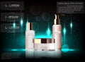 Exquisite cosmetic ads template, blank mockup with sparkling bokeh background and dazzling effect, spray bottle, tube