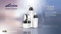 Exquisite cosmetic ads template, blank moisturizing lotions set cover mockup. Dazzling effect background. Cream, spray