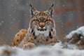 Exquisite  cpic of lynx in winter landscape, snow falling, front view Royalty Free Stock Photo