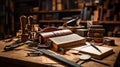 Exquisite Craftsmanship: Leather-bound Book and Antique Tools on Oak Worktable Royalty Free Stock Photo