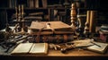 Exquisite Craftsmanship: Leather-bound Book and Antique Tools on Oak Worktable Royalty Free Stock Photo