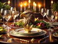 Exquisite Culinary Visuals A Luxury Branding Concept Featuring a Bold Eagle Head Shield Logo Impeccable Table Settings Royalty Free Stock Photo