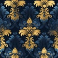 Exquisite damask seamless pattern with a combination of deep blue and opulent gold colors