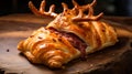Exquisite Deer Meat Stuffed Croissant On Wooden Plate With Antlers