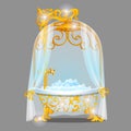 Exquisite design bath with a golden florid ornaments filled with water with foam isolated on a grey background. Idea of