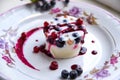 Exquisite dessert - a cool jelly with fresh berries on a light plate Royalty Free Stock Photo