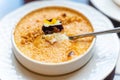 Exquisite dessert. Cream brulee. Closeup of delicious cremada. Horizontal Royalty Free Stock Photo