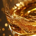 Close up view of a glass of whisky with golden bokeh background