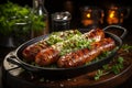 Exquisite detail, Plate of German bratwurst sausages adorned with fragrant herbs