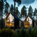 The Exquisite Details and Realism of Modern Scandinavian Houses with Wood and Glass Architecture, Gable Roofs, and Panoramic