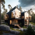 The Exquisite Details and Realism of Modern Scandinavian Houses with Wood and Glass Architecture, Gable Roofs, and Panoramic