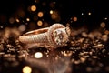 Exquisite diamond ring radiates brilliance against a backdrop of golden bokeh and reflections.