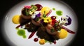 Gourmet Seared Scallops with Edible Flowers and Colorful Sauces Royalty Free Stock Photo