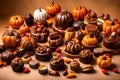 An exquisite display of hand-crafted Thanksgiving-themed chocolates and desserts, meticulously presented in a high-end patisserie