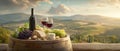 The exquisite display of wine, cheese, and grapes overlooking a picturesque landscape. AI generated image Royalty Free Stock Photo