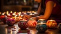 Exquisite Diwali Decor: Hand-painted Lanterns and Delicate Diyas in Traditional Indian Setting