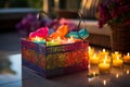 Exquisite Diwali Gift Basket: Vibrant Colors, Shimmering Wraps, and Floral Patterns