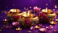 Beautiful clay Diya lamps with flowers on a dark purple background. Exquisite Diya\'s for Diwali decoration