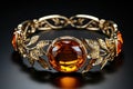 An exquisite and expensive amber bracelet on the hand.