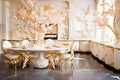 exquisite expensive kitchen made of marble, mother of pearl and gold with inlay