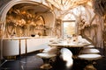 exquisite expensive kitchen made of marble, mother of pearl and gold with inlay