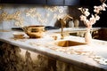 exquisite expensive kitchen made of marble, mother of pearl and gold with inlay