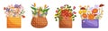 Exquisite Flower Bouquet In Charming Baskets, Filled With Vibrant Blooms And Lush Greenery Cartoon Vector Illustration