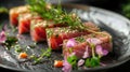 Exquisite food photography showcasing a seared tuna steak on a plate, highlighting World Tuna Day for a restaurant menu Royalty Free Stock Photo