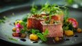 Exquisite food photography showcasing a seared tuna steak on a plate, highlighting World Tuna Day for a restaurant menu Royalty Free Stock Photo