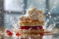 Exquisite Fresh Strawberry Shortcake with Whipped Cream Splashing on Wooden Table, Delightful Dessert Scene Royalty Free Stock Photo