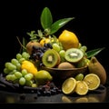 Exquisite Fruit Basket: Kiwi, Grape, Orange, and Lemon on a Dark Background - Generative AI