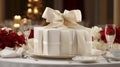 Exquisite Gift in a White Box with a Vibrant Crimson Bow, Surrounded by Enchanting Holiday Lights