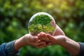 An exquisite glass globe held by hands, featuring an array of blooming green plants set against the backdrop of an enchanting