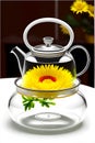 exquisite glass teapot, adorned with a captivating chrysanthemum flower pattern, delicately extending onto a beautiful glass bowl.