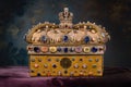 Exquisite Gold Crown Adorned With Stunning Jewels, A gift box masquerading as a royal crown, studded with gemstones, AI Generated
