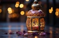 Exquisite gold lantern featuring intricate carvings set against a luxurious purple and silver background, eid and ramadan images