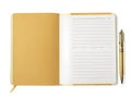 An exquisite golden ballpoint pen, a ripped-out page, and a blank open notebook with space for your content. Royalty Free Stock Photo